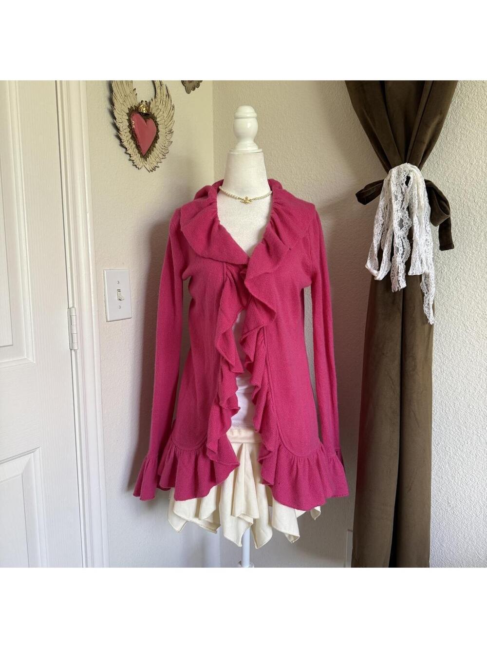 Minnie Rose Designer Cashmere Ruffled Girly Coquette Cardigan